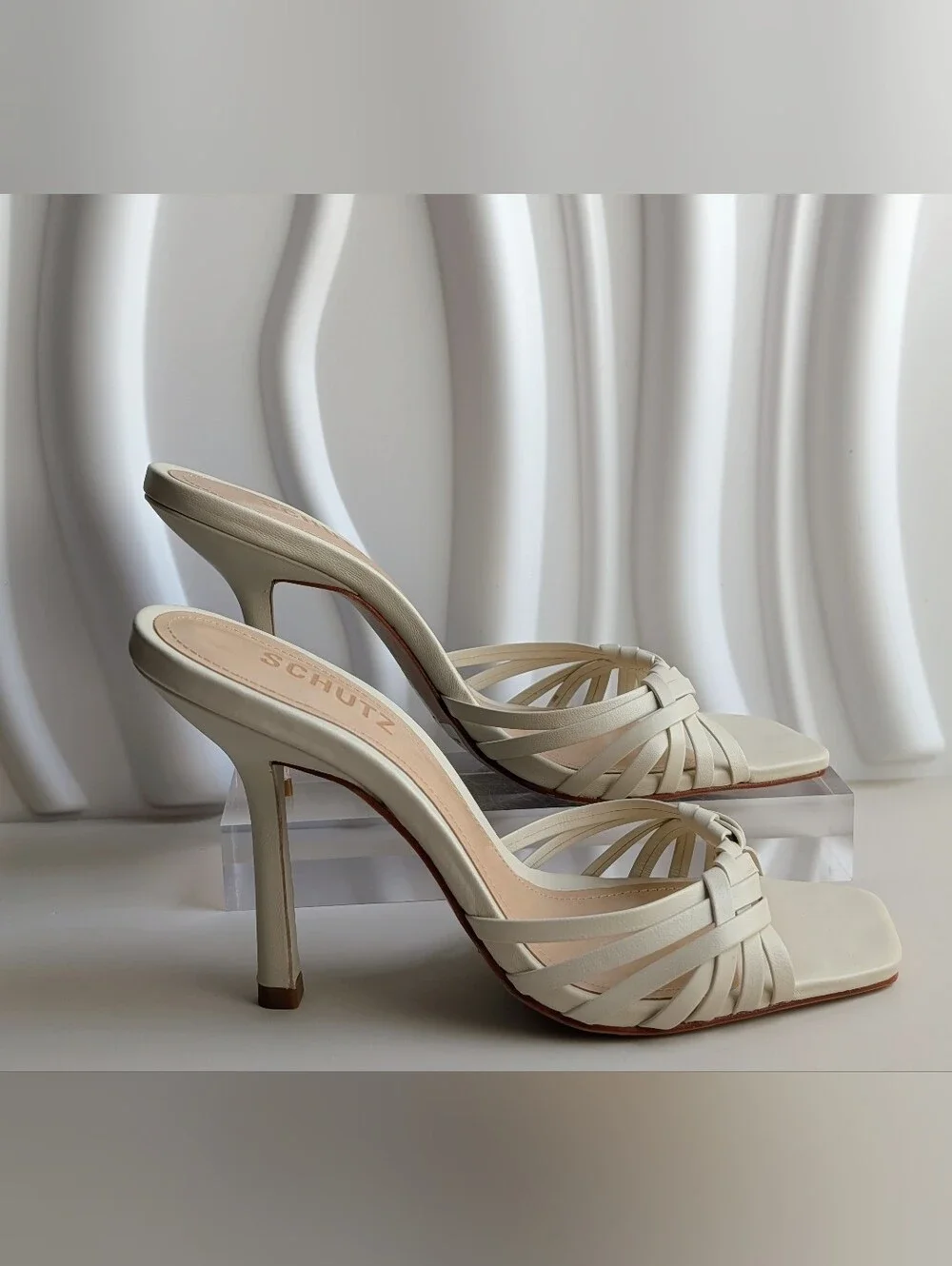 SCHUTZ Tara Leather Mule Sugar White Woven Stiletto Heels Size 8 NWT